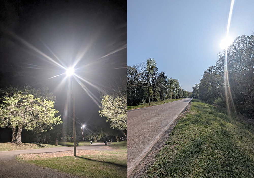 A two part collage. On the left half, a bright streetlight illuminates a path and two trees. On the right half, a daytime view of a small road lined with trees and grass, with most of the picture taken up by the blue sky.