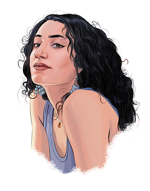An illustrated portrait of a woman with long, dark, curly hair. She wears a tank top, beaded earrings, and a necklace.