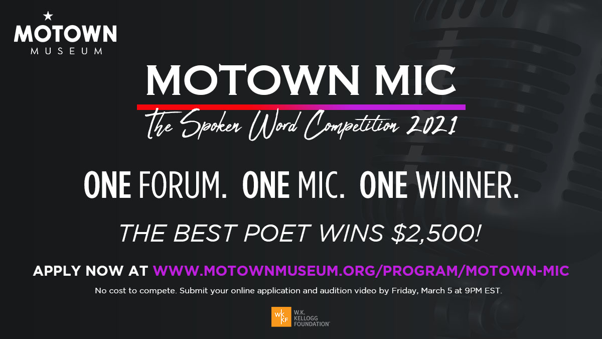 Motown Mic spoken word competition 2021 poster against a black background.