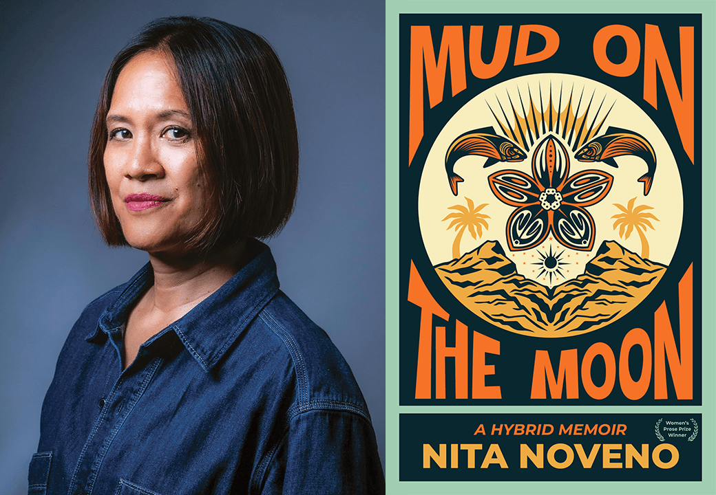 Diptych of a photo portrait of a woman with chin-length dark hair on a blue background and a book cover