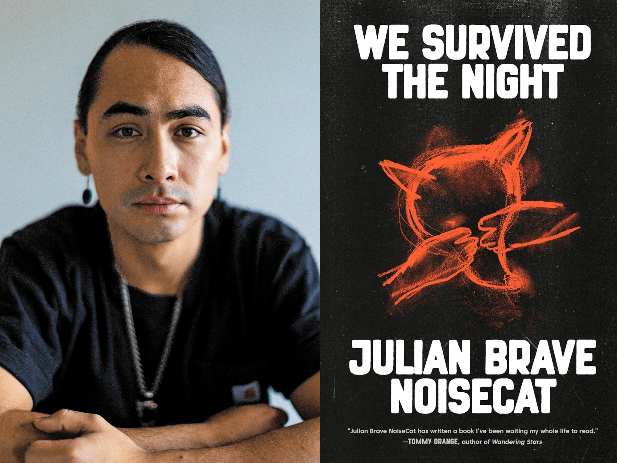 Photo portrait of a young man in a black t-shirt with long dark hair pulled back; facing book cover