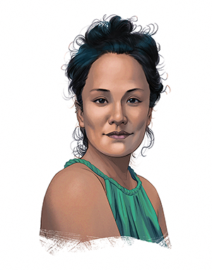 An illustrated portrait of a Native Hawaiian woman with her dark hair up. She wears a green halter top and her body faces to the left while her head faces forward.