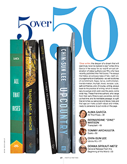 The opening page of our 2023 5 Over 50 feature with the title in a large blue font. Five books lean against each other vertically, and the beginning of the article is visible.