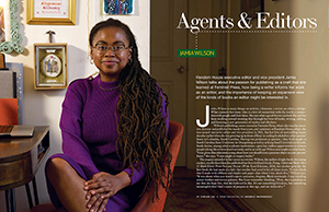 A picture of the opening spread of the Agents and Editors profile on Jamia Wilson from our September October issue. Jamia Wilson is shown sitting on the left in a purple dress.