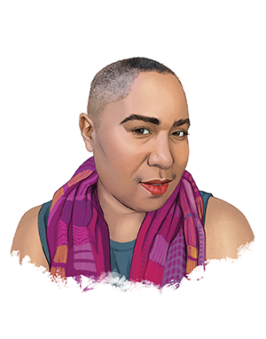 An illustrated portrait of Amanda Gunn. She is a Black queer femme with close-cropped hair. She wears a colorful purple and pink scarf and fuschia lipstick over a dark teal tank top.
