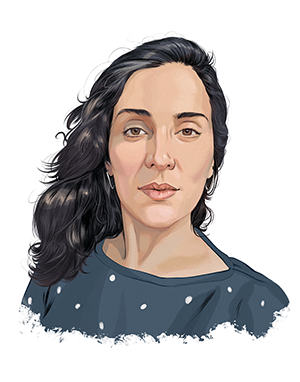 An illustrated portrait of Carolina Hotchandani, a mixed Latinx and South Asian poet with medium olive-toned skin and long, black, wavy hair. She wears a dark blue top with white dots.