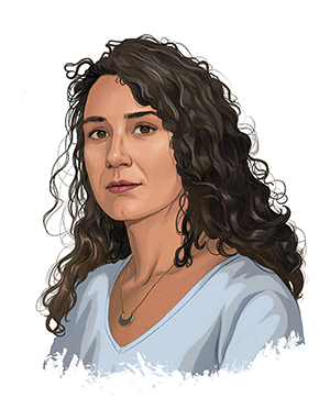 An illustrated portrait of Elisa Gonzalez, a woman with long curly brown hair and medium-tan skin.