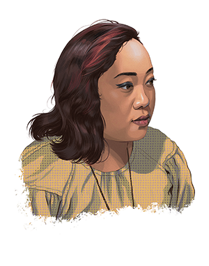 An illustrated portrait of Ina Cariño, a Filipino American person with shoulder-length wavy dark hair with a pink streak in the front. They have medium-toned skin and wear black winged eyeliner and a yellow top.
