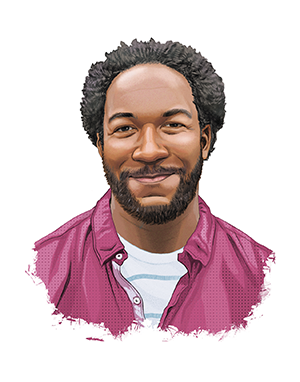 An illustrated portrait of Joshua Burton, a Black man. His beard is neatly trimmed and his his hair pushed back to reveal his forehead. He wears a collared pink shirt and a white t-shirt.