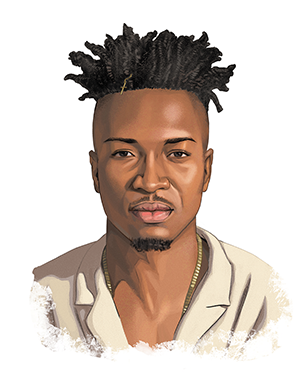 An illustrated portrait of Kweku Abimbola, a young Black man with his hair twisted out. A small golden cross charm hangs from one of the twists. He wears a gold necklace and white shirt.