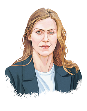An illustrated portrait of Leah Nieboer, a white woman with blonde hair and blue eyes. She has sharply arched eyebrows and wears a blue blazer on top of a white shirt.