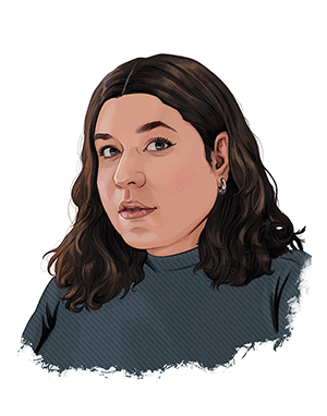 An illustration of Leslie Sainz, a Cuban American woman with wavy dark brown hair and light-medium skin. She wears a silver hoop earring and a black mock neck shirt.