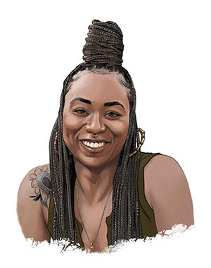 An illustration of Shaina Phenix, a dark-skinned Black woman, smiling. Her hair is braided and half of it is in a bun at the top of her head. She wears gold jewelry and has a tattoo of a sunflower on her right shoulder.