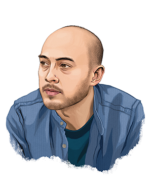 An illustrated portrait of Simon Shieh, a Taiwanese American man. He is mostly bald with very short dark brown hair. He looks toward the right and wears a blue denim overshirt with a black t-shirt underneath.