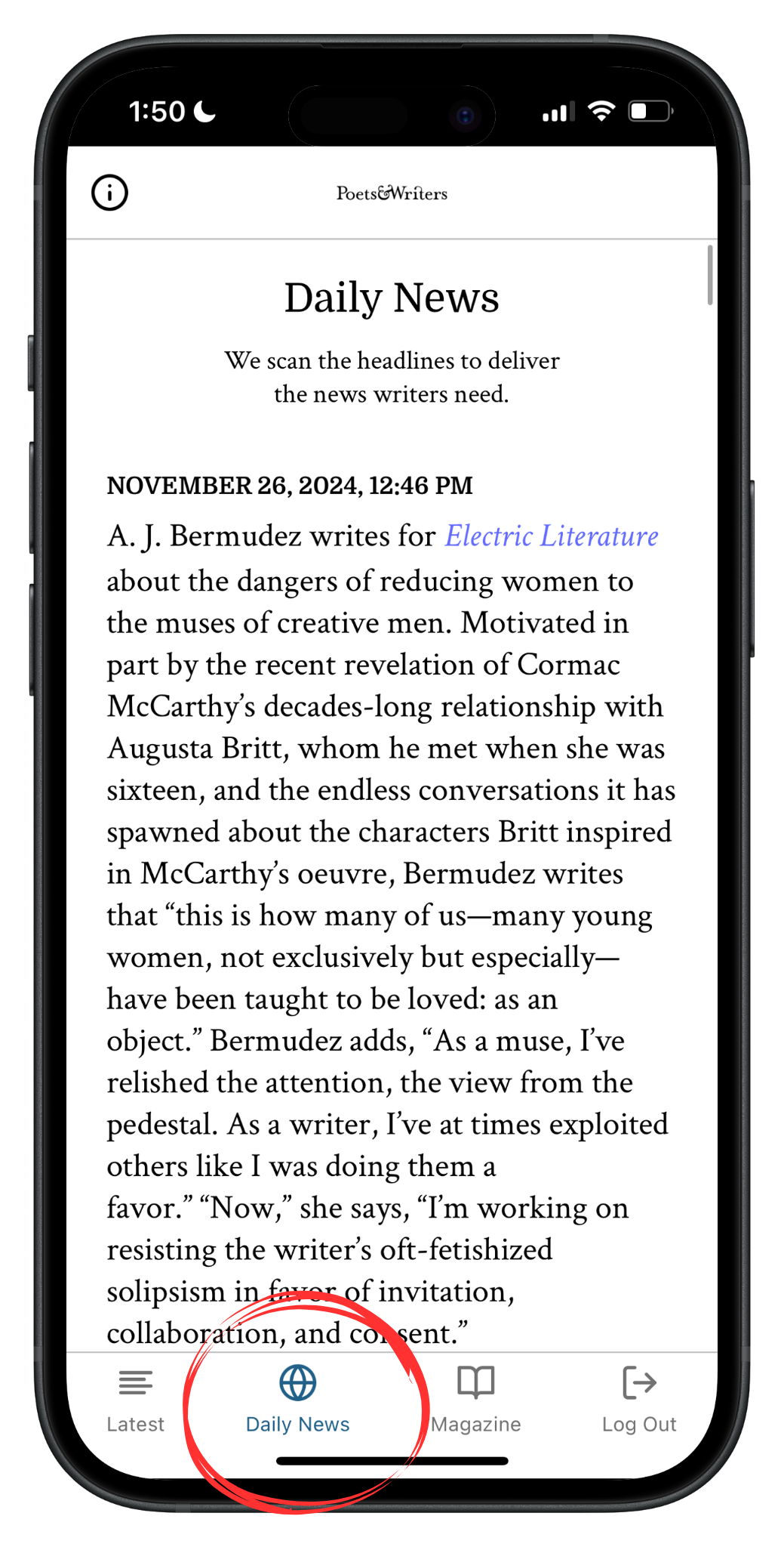 Screenshot of the Daily News section of the app