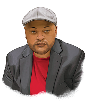 An illustrated bust portrait of Christian J. Collier, a Black man wearing a gray suit jacket over a red t-shirt with a cap on his head. He looks forward intensely and seriously.