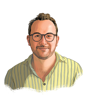 A photo portrait of Matthew Gellman, a white man with dark brown glasses and brown hair. He has light eyes and wears a yellow striped button down.