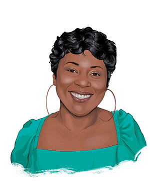 An illustrated portrait of Yalie Saweda Kamara, a dark-skinned Black woman with short hair. She wears large hoop earrings and a teal blouse with puffed sleeves, and smiles brightly.