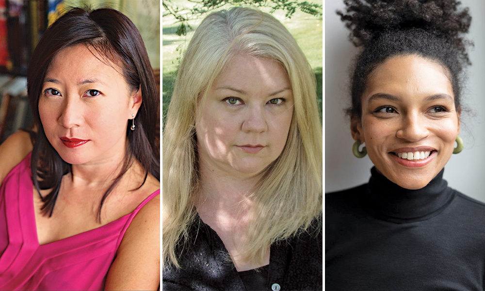 A photo collage with three people: Cheryl Lu-Lien Tan, an East Asian woman wearing a pink tank top; Rebecca Johns, a middle-aged white woman with light blonde hair; and Maura Cheeks, a light-skinned Black woman wearing chunky hoops.