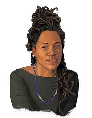 An illustrated bust portrait of Saretta Morgan, a Black woman with 