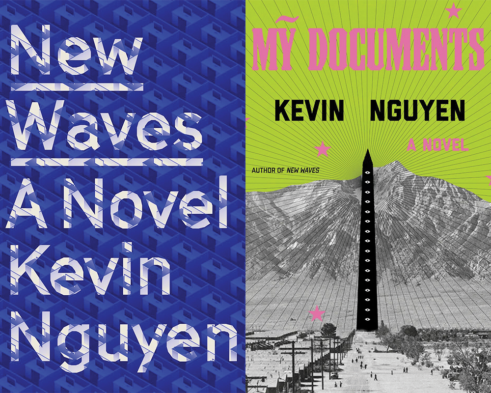 The covers of Kevin Nguyen's novels. New Waves has a repeating pattern of office cubicles rendered in blue and indigo shades. My Documents, his second book, has a black and white landscape on a lime green background with pink title text.