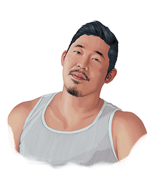 An illustrated portrait of Jimin Seo, a muscular East Asian man with a mustache and slight beard; he wears a white tank top and has black hair and medium skin.