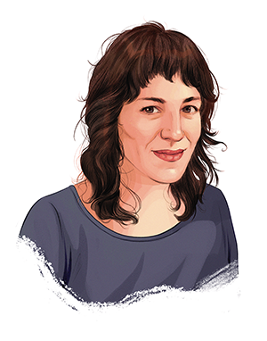 An illustrated portrait of a woman with light skin and curly brown hair with short bangs in three-quarters view. She wears a gray scoop-neck shirt and has a slight smile.