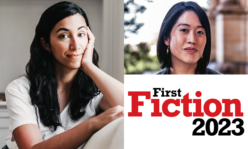 Left half: A portrait of Rebekah Bergman. She rests her head lightly on her hand and is lit softly from the left. She wears a simple white shirt. Upper right: Tiffany Tsao tilts her head slightly and looks forward. Bottom right: First Fiction 2023 logo