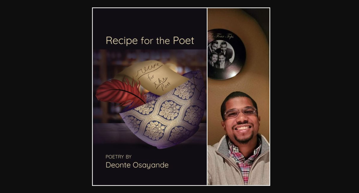 Book cover with a red feather and a handwritten note in a blue and white ceramic bowl for Recipe for the Poet by Deonte Osayande 