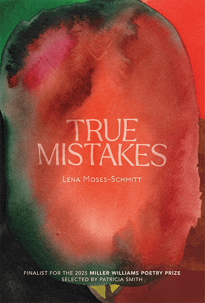 Book cover with title and byline and illustrated background of abstract watercolor in red with some green