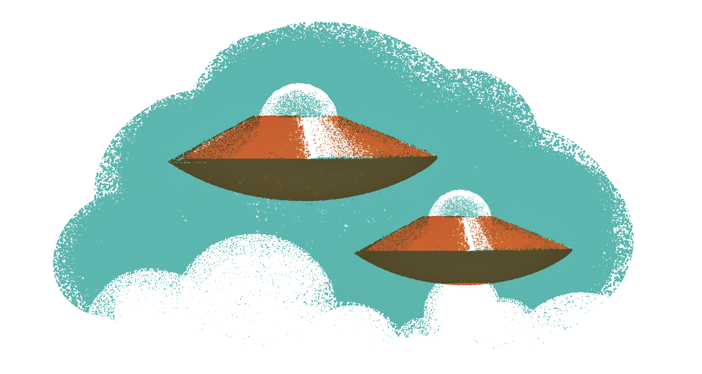Illustrations of ’60s-style space ships in the sky with clouds 