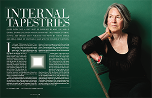 The opening spread to the September/October 2014 profile of Louise Glück. The poet sits in a chair with her hand on her chin against a hunter green background.