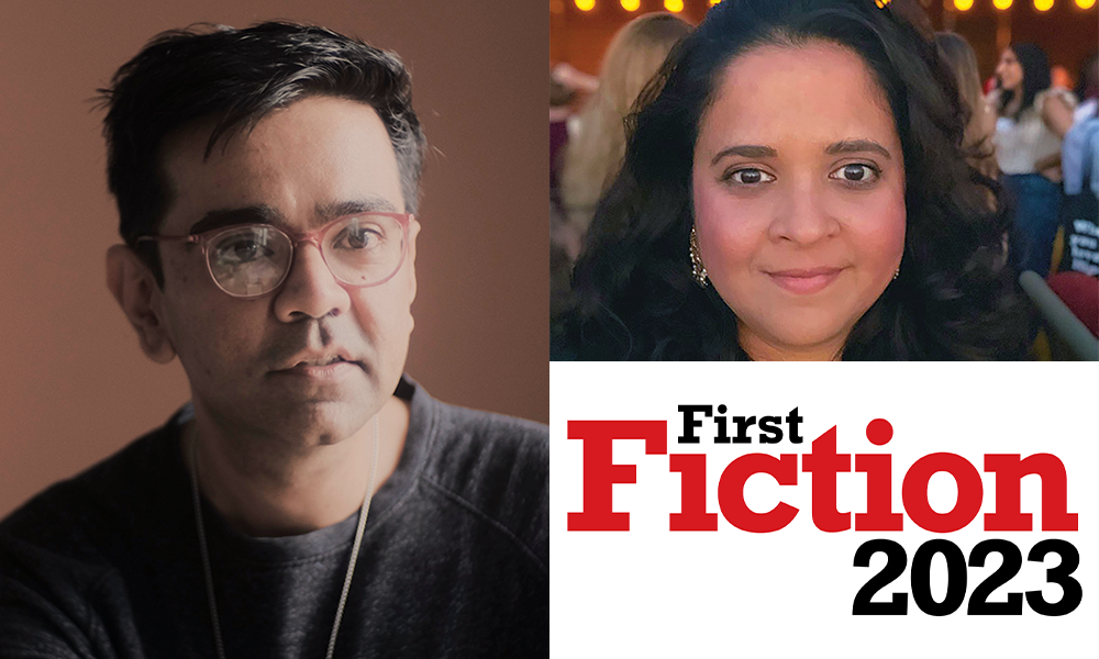 Left half: A portrait of Shastri Akella, a South Asian man with glasses. He looks intently at something unseen. Upper right: A portrait of Naheed Phiroze Patel, a South Asian woman softly lit by glowing lights. Bottom right: First Fiction 2023 logo.