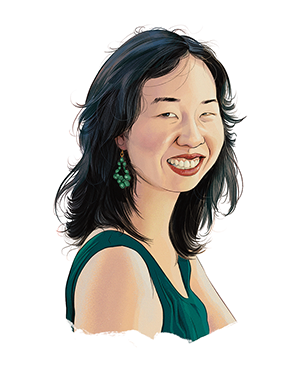 An illustrated portrait of an Asian woman with shoulder-length layered hair. She wears a green sleeveless top, green earrings, and a wide smile.