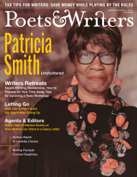 Acclaimed poet Patricia Smith faces the camera with a serene expression. She is a Black woman with short hair and glasses, and wears matching necklace and earrings that resemble petals. Headlines in yellow and white on the left and the top.
