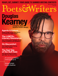 The cover of the May/June 2025 issue of Poets and Writers Magazine, featuring a bust photo portrait of poet Douglas Kearney. Kearney is a light-skinned black man with glasses and short locs parted to one side. He is dramatically positioned against a gradient red and yellow background.