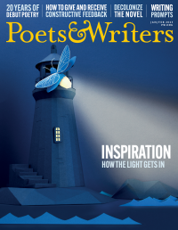 The cover of the January/February 2025 issue of Poets & Writers Magazine features a paper sculpture of a blue lighthouse with a blue firefly illuminating the ocean below. The Poets & Writers logo is at the top in goldenrod. Above that, a few headlines in pale blue and white.