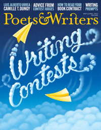 Writing Contests written in cursive skywriting with two paper airplanes. Background is a sky with clouds, headlines on top in blue and white.