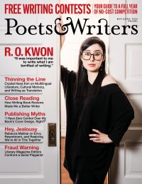 R. O. Kwon, a pale Korean woman with large glasses, leans against a white door. She wears all black, including her black undereye makeup, and has long, straight hair. Above her is the Poets & Writers logo in black, and red and black headlines fill the left-hand space..
