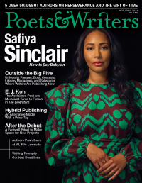 Poet Safiya Sinclair, a Jamaican woman with long black hair and a green patterned dress, stands with folded hands in front of a plain black background. Magazine headlines surrounding her above and to the left.