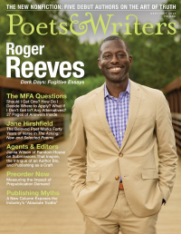 Cover of Poets & Writers Magazine, September/October 2023 edition. Roger Reeves, a Black man wearing a suit, smiles brightly in a nature background.