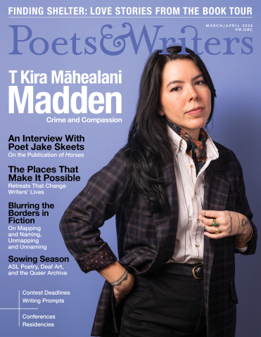 Poets & Writers March/April 2026 cover Magazine cover with logo and cover text; purple background; photo of a woman with long dark hair, wearing dark plaid jacket, with tattoos and rings on her hands