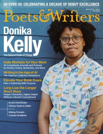 Poets & Writers November/December 2025 Composed cover with P&W logo and photo portrait of a Black woman with round glasses and a colorful shirt