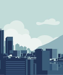 Illustration of Seattle skyline of buildings with a lake and mountain landscape.