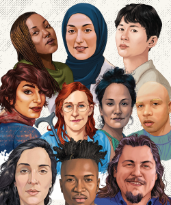 A collage of ten debut poet illustrated bust portraits from the past six years. 