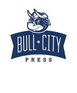 The logo of Bull City Press, which features the head a blue-and-white illustrated bull on top of a banner that reads "Bull City" with "Press" below in smaller font.