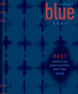 Cover of the 2022 Blue Book anthology. It is dark blue with red and blue title lettering.
