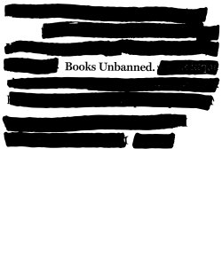 A paragraph of blacked-out text in which only "Books Unbanned" can be read.
