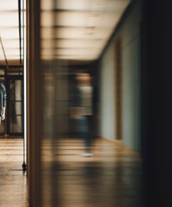 A student walks down an empty, sunlit school hallway. Most of the image is blurred, such that the viewer can only discern general shapes and colors. 