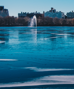 A view of the Jacqueline Kennedy Onassis Reservoir in Central Park in New York City. The water is covered in a thin layer of fresh ice. A fountain spouts in the background.